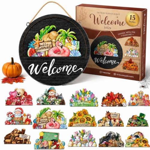 16/14/12PCS Welcome Sign for Front Door Interchangeable Every Season Halloween Christmas with Holiday 12 Inch Wooden Holiday Door Sign Wreaths Seasonal Porch Decor Gift(Set C) by Unknown