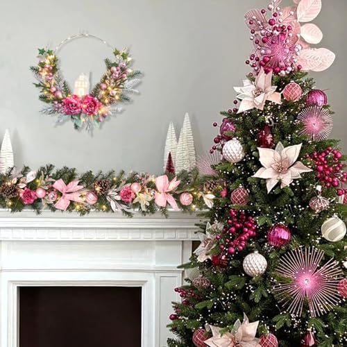 6 feet Christmas Pink Garland for Front Door with 30 LED Lights,Festive Lighted Holiday Decor,prelit Mantel Garland withTimer,Stair and Fireplace Pink Rose Decoration for Christmas and Wedding - Image 5