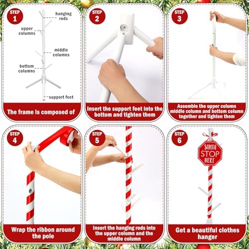 Geelin 39.37 Inches Inch Christmas Wooden Stocking Holder Stand Freestanding Christmas Stocking Stand Rack with 7 Hooks with Red Ribbon for Xmas Living Bedroom Room - Image 5