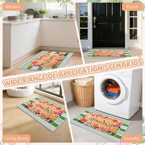 2 Pcs Floral Welcome Doormat Set, Front Door Mat with Non Slip Rubber Backing, Spring Outdoor Entryway Porch Mat Decor Farmhouse Floral Welcome Mat Set for Seasonal Home Indoor Decor - Image 6