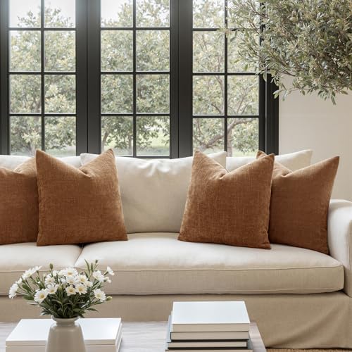 MIULEE Pack of 4 Fall Decorative Throw Pillow Covers 18x18 Inch Chenille Textured Throw Pillows Boho Farmhouse Rustic Cushion Covers Vintage Home Decor for Couch Sofa Bed Living Room，Camel - Image 3