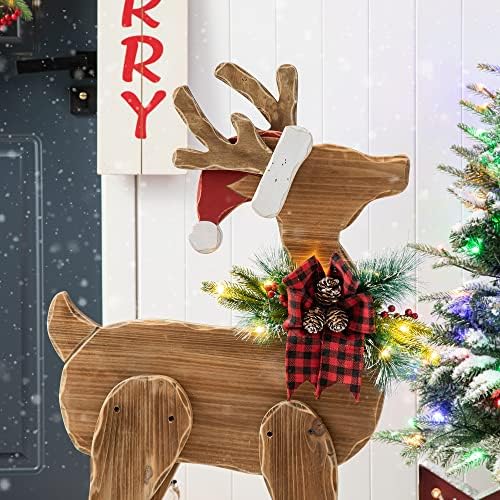 Glitzhome 36" H Lighted Wooden Christmas Chunky Reindeer Porch Sign Standing Deer Porch Decor Rustic Merry Christmas Welcome Sign Holiday Party Outdoor Indoor Xmas Decorations - Image 4