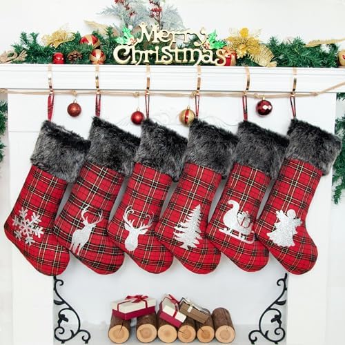 LUBOT Set of 6 Christmas Stockings(20inch) Large Family Xmas Stocking Glitter Silhouette Buffalo Red Plaid Rustic Farmhouse Country Fireplace Hanging Decorations - Image 3