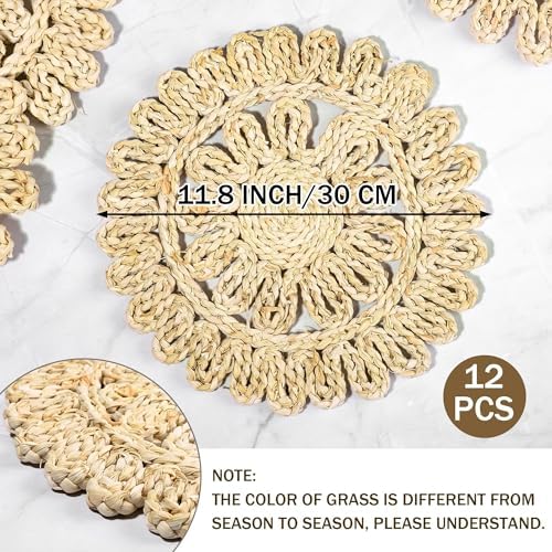 Kochorie 11.8 Inch Round Woven Placemats Set of 12 Handmade Corn Husk Placemats Natural Boho Rattan Woven Placemat Table Wicker Placemat for Farmhouse Spring Home Table - Image 2