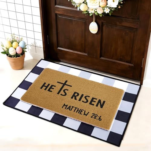 2 Pcs Easter Doormats, He is Risen Door Mat, Easter Bible Verse Non Slip Coir Mats, Black and White Check Rug, Layering Doormats Seasonal for Indoor Outdoor Home Porch Entry Decor 24" x 32" by Unknown