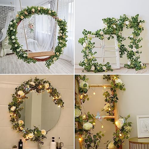 13 Ft White Flower Garland with Butterfly, Artificial Eucalyptus Rose Vine - Image 4