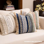 Boho Chenille Tufted Throw Pillow Covers 18x18 Inch Set of 2 Farmhouse Mixed Blue Woven Striped Decorative Pillowcases for Couch Sofa Bed - Image 2