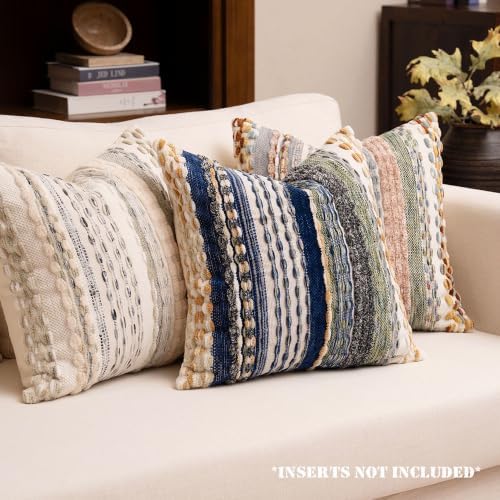 Boho Chenille Tufted Throw Pillow Covers 18x18 Inch Set of 2 Farmhouse Mixed Blue Woven Striped Decorative Pillowcases for Couch Sofa Bed - Image 2
