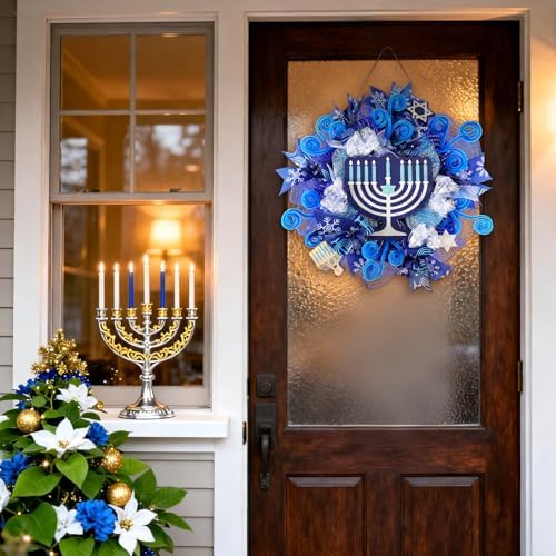 Hoteam Hanukkah Wreath for Front Door Happy Hanukkah Front Door Sign 13 Inch Blue Rustic Chanukah Welcome Decoration for Indoor Outdoor Home Porch Hanging Decoration - Image 3