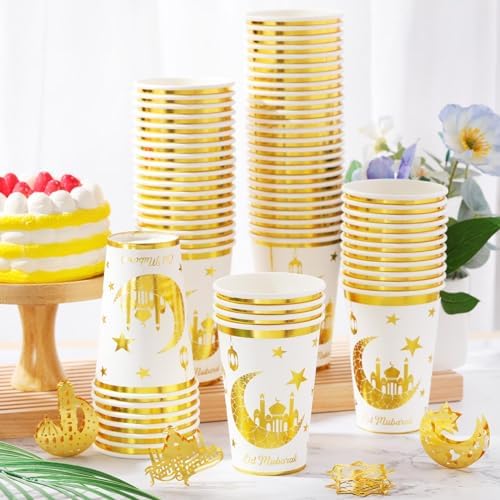 Domensi 100 Pack Eid Mubarak Paper Cups Gold Foil Disposable, White - Image 3