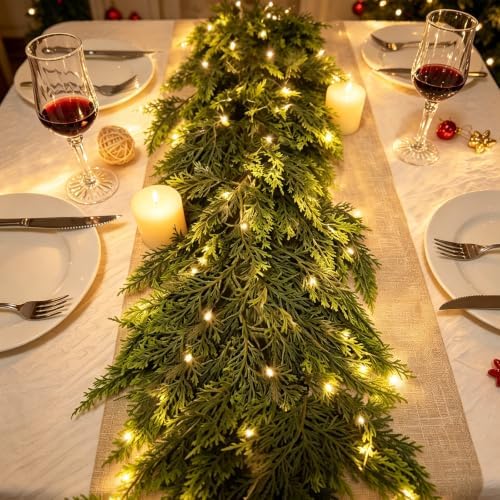 9Ft Christmas Cedar Garland with Lights Christmas Decorations, Real Touch Soft Lush Green Pine Cedar Garland for Mantel Front Door Porch Fireplace Stairs Table Outdoor Indoor Holiday Home Decor - Image 3
