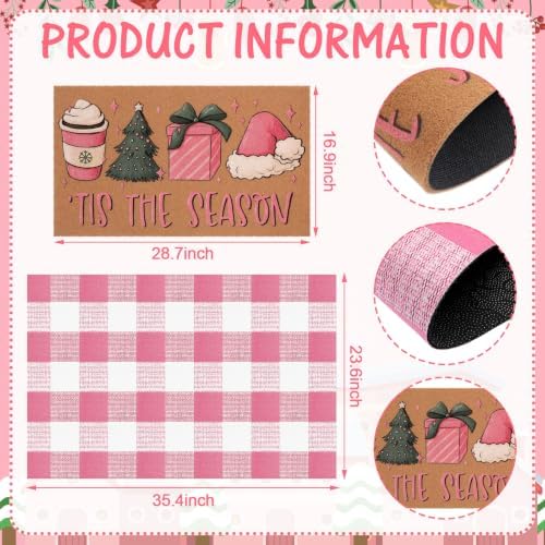 Tinideya 2 Pcs Pink Christmas Layered Doormat Set, Holiday Front Door Mats - Image 2