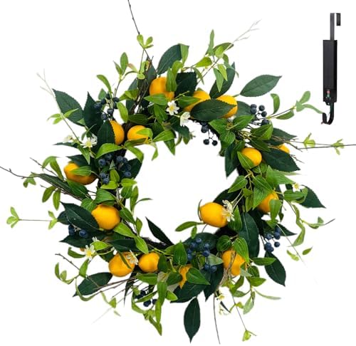 Solar Spring Wreath 24inchWreath for Front Door Artificial Pre-lit 50LED Spring Decorations for Outside Yellow Lemon Summer Decor Wreath for Wall Festival Holiday Farmhouse Decor(2407) by GlowingPetals