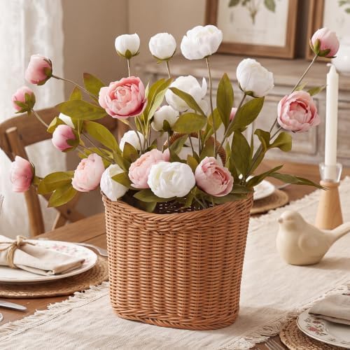 Fuutreo Faux Silk Peony Basket Wreath Artificial Floral Door Hanging Basket - Image 5