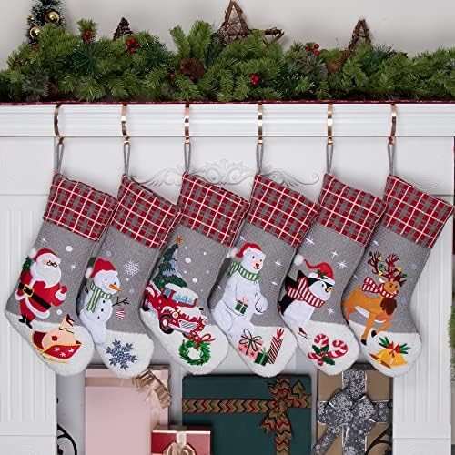 BHD BEAUTY Burlap Christmas Stocking Set of 6 Gray Plaid Soft Faux Fur Lovely Embroidery Pattern for Family Decorations Hanging Ornament for Xmas Holiday Party 20 inches by bhdbeauty