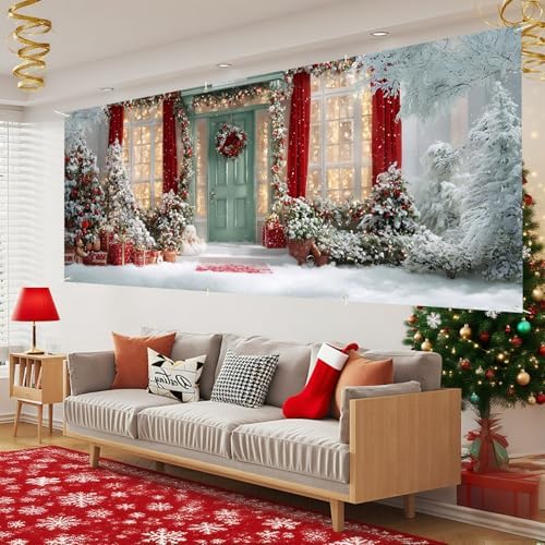 Christmas Garage Door Banner – Snowy Holiday Scene with Red Curtains, Decorated Trees & Gift Boxes – Outdoor Christmas Decoration - Image 3