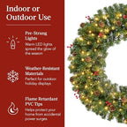 Best Choice Products 60in Pre-Lit Christmas Wreath w/Berries & Pinecones, Large Artificial Indoor/Outdoor Decor for Door, Mantel w/Red Bow, Plug-in - Image 6