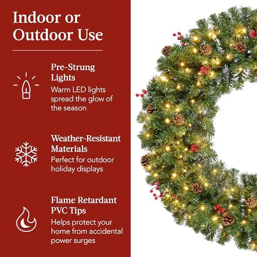 Best Choice Products 60in Pre-Lit Christmas Wreath w/Berries & Pinecones, Large Artificial Indoor/Outdoor Decor for Door, Mantel w/Red Bow, Plug-in - Image 6