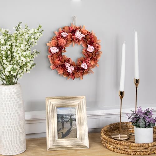 Silk Roses and Shaved Wood Flowers Small Artificial Spring Wreath - 12" - Unlit - Pink - Image 2