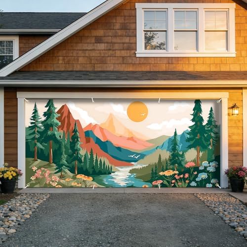 6x13 FT Mountain Sunrise Garage Door Banner - Forest River Landscape Art Backdrop, Large Indoor Outdoor Garage Door Cover, Nature Theme Decoration for Home, Yard, Cabin, Camping Party - Image 7