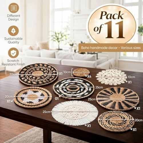 11-Piece (Retro) Boho Wall Basket Decor – Handmade Woven Wall Baskets, Bohemian Farmhouse Wall Art, Rustic Hanging Basket Set for Living Room, Bedroom & Kitchen Summer decoration - Image 3