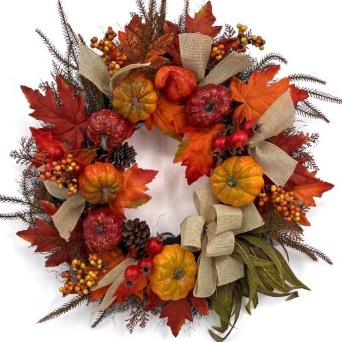 24 Inch Fall Wreath for Front Door, Autumn Harvest Outdoor Decoration by EKIRD