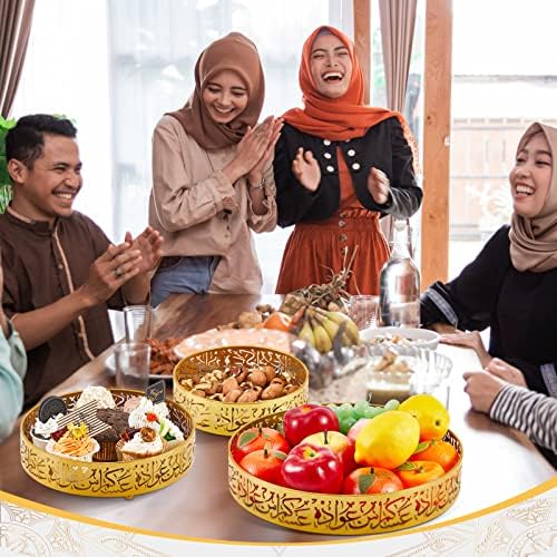 Ramadan Serving Trays - 3 Pieces Iron Gold Round Platter, 3 Sizes Eid Candy Dish, Muslim Pastry Snacks Dessert Holder for Ramadan Mubarak Party Supplies Home Decor - Image 5