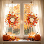 12Pcs Fall Candle Rings Wreaths Mini Fall Candle Wreaths with Gradient Red Orange Yellow Florals & Mixed Berries Autumn Candle Holders for Autumn Farmhouse Home Wall Window Festival Wedding Decor - Image 5