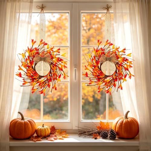 12Pcs Fall Candle Rings Wreaths Mini Fall Candle Wreaths with Gradient Red Orange Yellow Florals & Mixed Berries Autumn Candle Holders for Autumn Farmhouse Home Wall Window Festival Wedding Decor - Image 5