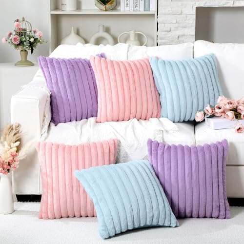Mixweer 6 Pcs Faux Fur Plush Throw Pillow Covers 18x18'' Pink Purple Blue - Image 2