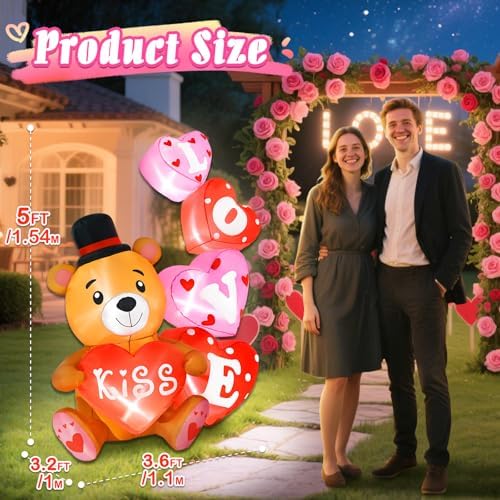 5FT Valentine’s Day Inflatable Decorations Bear with Love Letters Outdoor Inflatables Romantic Couples Anniversary Wedding Holiday Party Valentines Blow Ups for Outside Yard Lawn Decor - Image 3
