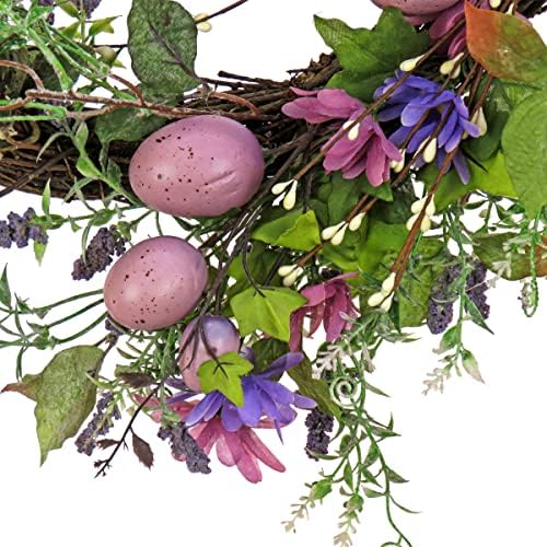 National Tree Company Artificial Spring Wreath, Woven Branch Base, Decorated with Purple Pastel Eggs, Pink Flowers, Leafy Greens, Easter Collection, 22 Inches - Image 3