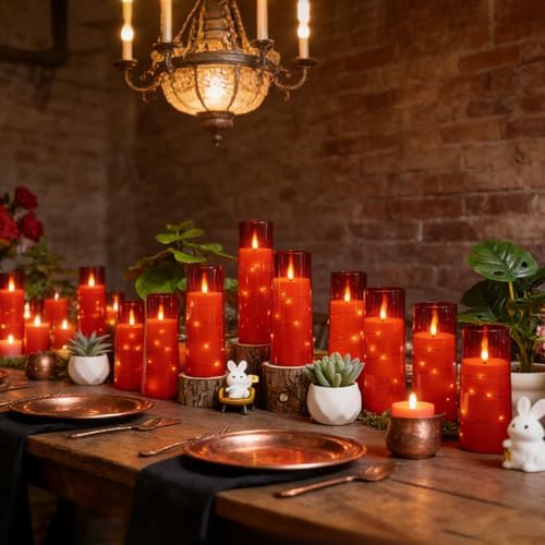 Nimiko Flickering Flameless LED Candles,Battery Operated Candles 24 Pcs with Embedded Star String,Acrylic LED Pillar Candles with Remote,Suitable for Home Decoration to Create an Atmosphere (Red) - Image 5