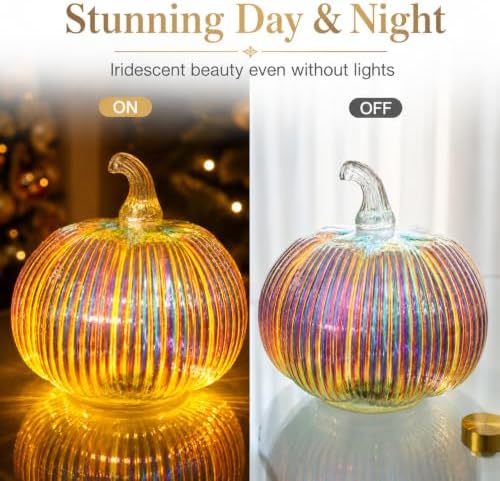 Iridescent Glass Pumpkin Light with Timer, 5.5 in Ribbed Glass Pumpkin Decor, Battery Operated LED Pumpkin Lamp with 3 Lighting Modes, Fall Thanksgiving Halloween Christmas Table Mantel Decor - Image 4
