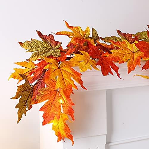 Glitzhome 2Pcs Fall Maple Leaves Garland with Lights，Fall Thanksgiving Decorations Garland with Timer for Home Porch Front Door Table Mantle Outdoor Autumn Harvest Halloween Decor, 6Ft 20LED - Image 3