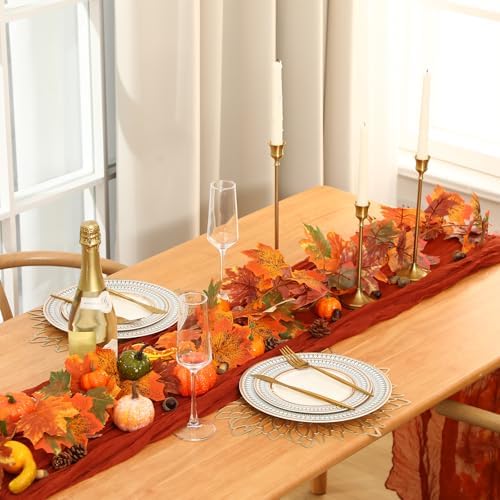 Fanfanwin 33 Pcs Thanksgiving Fall Table Centerpieces Decorations for Home 1 Thanksgiving Table Runner 30 Artificial Pumpkins 2 Maple Leaf Garland for Autumn Fall Party Favors - Image 3