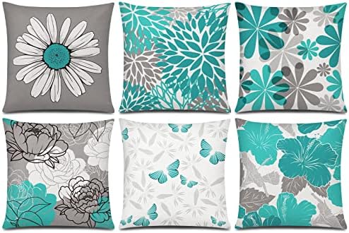 Teal Grey Throw Pillow Covers 20x20 Set of 6, Spring Floral Home Decor by Unknown