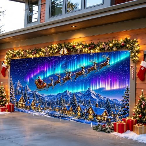 Northern Lights Christmas Garage Door Banner Mural Santa Sleigh Reindeer Flying Over Snow Mountain Town Backdrop Large 7x16ft Winter Holiday Outdoor Wall Decor - Durable Fabric Cover for Home Xmas - Image 6