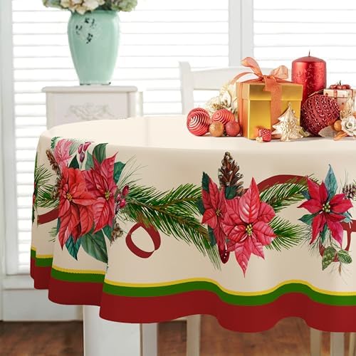 Yighty Oval Christmas Tablecloth 60x102In,Poinsettia Holly Pine Cone Christmas Table Cloth,Polyester Waterproof Wrinkle Resistant Durable Tablecloth for Holidays,Kitchen,Winter and Home Decor - Image 3