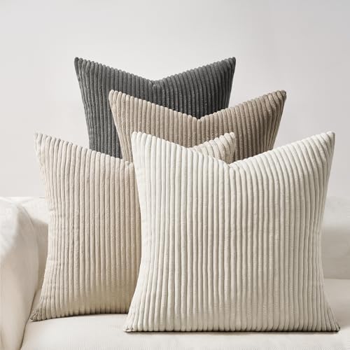 Topfinel 4 Packs Natural Decorative Throw Pillows Covers 24x24 Inch for Living Room Couch Bed Sofa, Rustic Farmhouse Boho Home Decor, Soft Plush Striped Corduroy Square Cushion Case 60x60 cm by Topfinel
