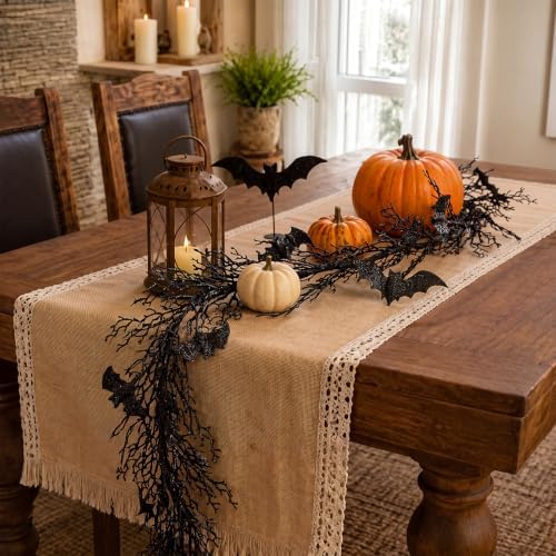 Riceshoot Halloween Garland for Mantle Fireplace Decor-6 ft Black Twig Garland with Bat Accents, Spooky Artificial Halloween Vine for Table Staircase Entryway Gothic Party Haunted House - Image 6