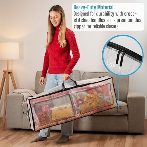 VENO 2 Pack Clear Wrapping Paper Organizer Storage Box for Christmas Gift Bags and Holiday Accessories, Underbed Storage Container with Interior Pockets, 40 Inches Long Fits 24 Rolls (2 Pack) - Image 6
