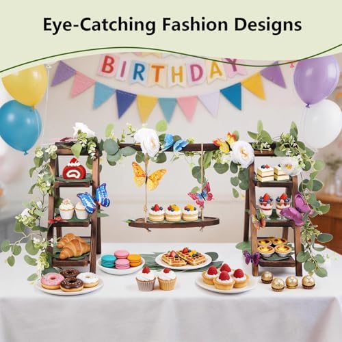 Wooden 3 Tier Cupcake Stand with Flower Vine, Palm Leaves & Decorative Butterflies, Cupcake Holder for Tea Party Supplies, Serving Trays for Party Perfect for Dessert Cups and charcuterie Cups - Image 3