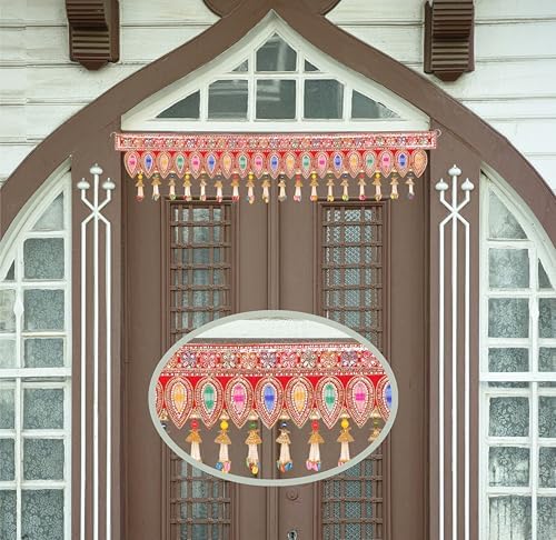 Decorative Toran Door Hanging Artificial Velvet Cloth Bandanwar Beads Leaf Design Wall Hanging for Entrance Window Home Temple for Indian Traditional Festival Decor (Size:-36"X9")(Red,Multicolour) - Image 2