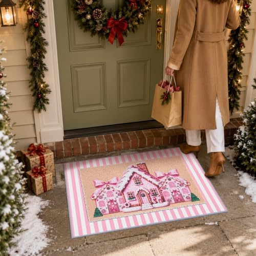 2pcs Pink Gingerbread House Christmas Doormats, 24" x 32" Door Mats - Image 3