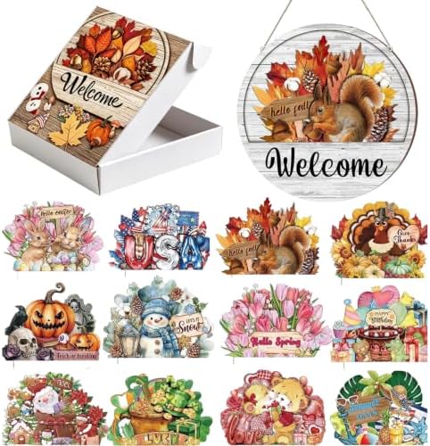 16/12 Pcs Interchangeable Welcome Sign for Front Door, 12 Inch Magnetic Seasonal Wood Hanging Sign for Holidays and Housewarming Gift (12PCS) by Unknown