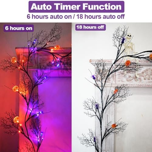 Halloween Decor Lights 8.86FT 72 LED Willow Vine Twig with Timer Battery Operated Garland Lights with Orange Pumpkins Purple Spiders and Black Dead Branches Indoor Halloween Decorations for Home - Image 5