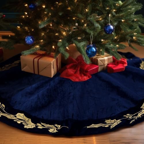 36 Inch Christmas Tree Skirt Velvet Xmas Tree Skirt with Gold Embroidery Holly Leaf Decorations for Christmas Party Favors Holiday New Year Decor(Blue) - Image 4