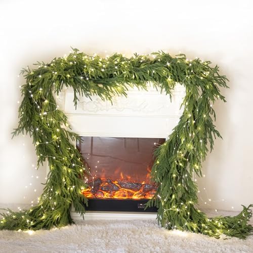 MISSPIN 9ft Christmas Garland with LED Lights, Real Touch Norfolk Pine Garland, Green Artificial Greenery Garland for Table, Mantle, String Light, Wall, Indoor, Outdoor Christmas Decorations by MISSPINWEDDING