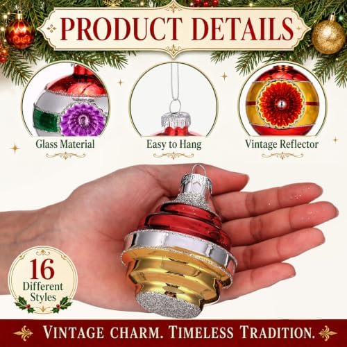 16 Pcs Vintage Glass Christmas Ornament Reflector Decor, Classic - Image 2